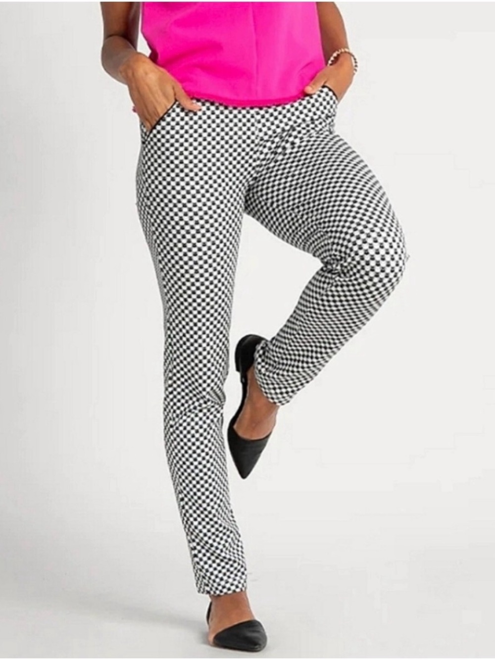 Betabrand Black & White Catstooth Pants High Rise Cat Print Large Office Work